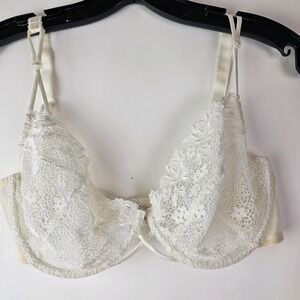 Vintage CACIQUE Pearl Trim Lace Unlined Semi Sheer Underwire 36D Ivory Bra‎